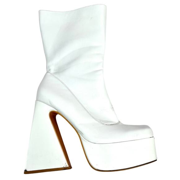 Pretty Little Thing White Platform Boots Size 7 Chunky Heels Square Toe Zip - Picture 2 of 15